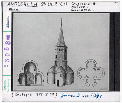 Vorschaubild Avolsheim: Kapelle St. Urlich, Querschnitt, Aufriss, Grundriss 